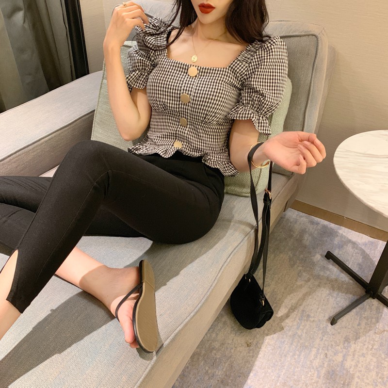 Áo croptop ngắn tay hoạ tiết caro ulzzang siêu sexyyy, xinh xắn