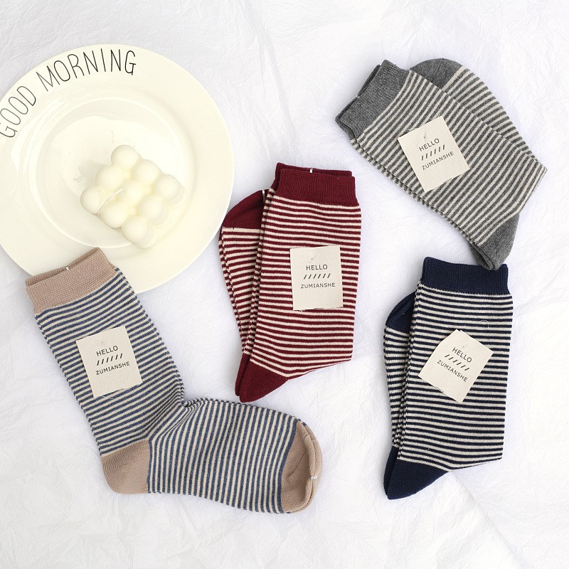 Set 4 Đôi - Tất Nữ Cổ Cao Cao Cấp, Chất Liệu Cotton Đi Mát - Họa Tiết Sọc Ngang Nhỏ - NUCAO-CCSOCNGANG-CB4
