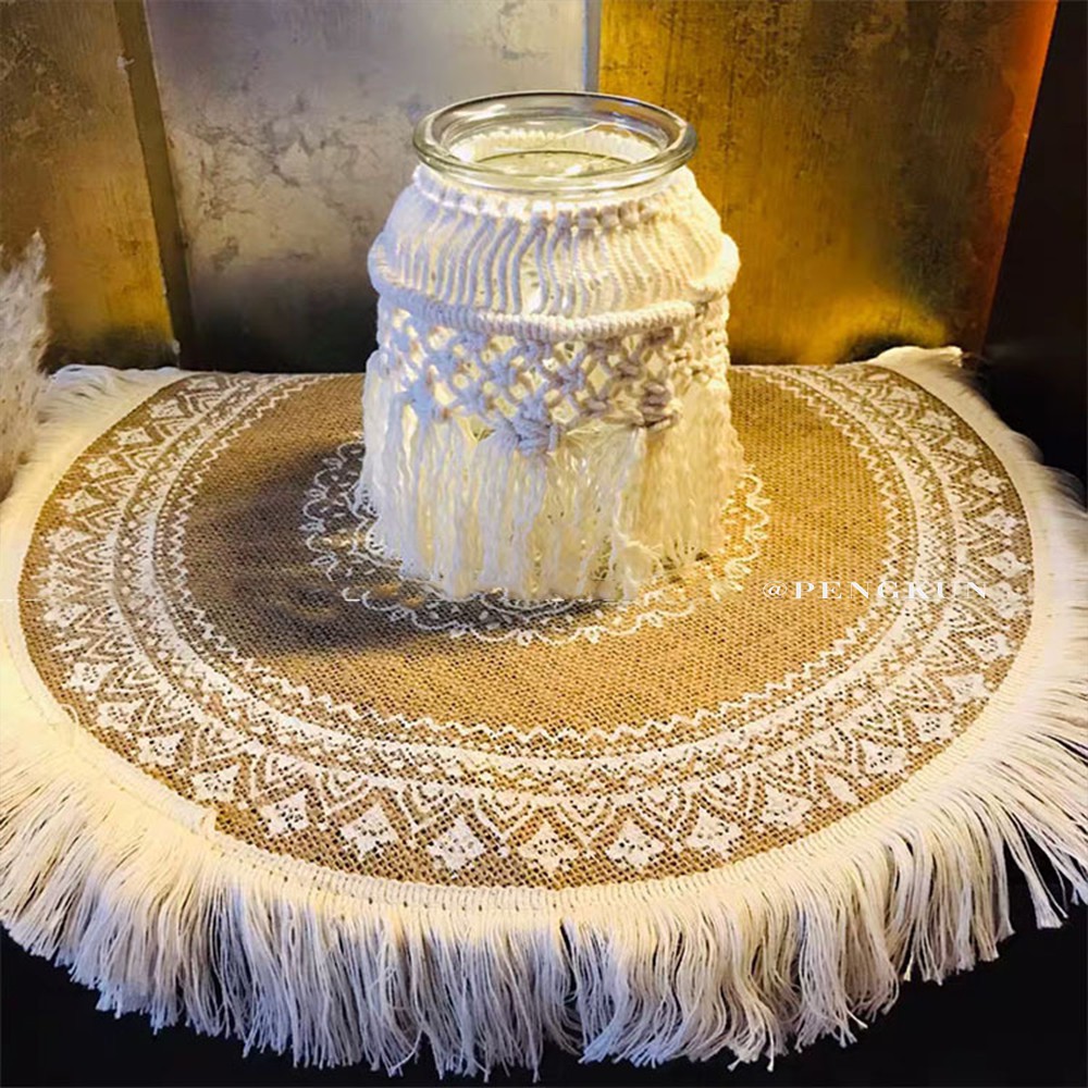 Tấm Lót Bàn Ăn Bằng Vải Lanh cotton Dày Cách Nhiệt Phối Tua Rua Phong Cách Moroccan Bắc Âu