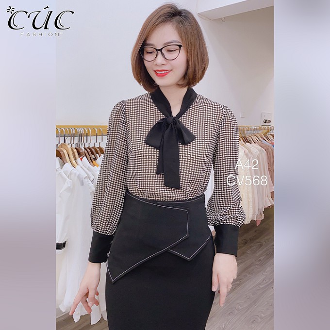 Áo sơ mi nữ công sở cao cấp dài tay thời trang thiết kế Cúc Fashion A42 somi cổ nơ đen