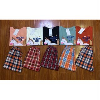 Bộ mặc nhà nữ áo cotton quần thô kẻ chất đẹp