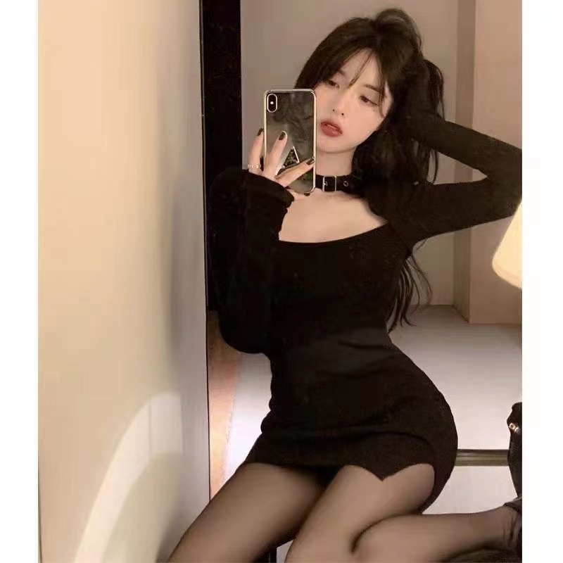 Đầm Ôm Dáng Tay Dài Khoét Lỗ Màu Đen Size XS-3XL Thời Trang Quyến Rũ Cho Nữ