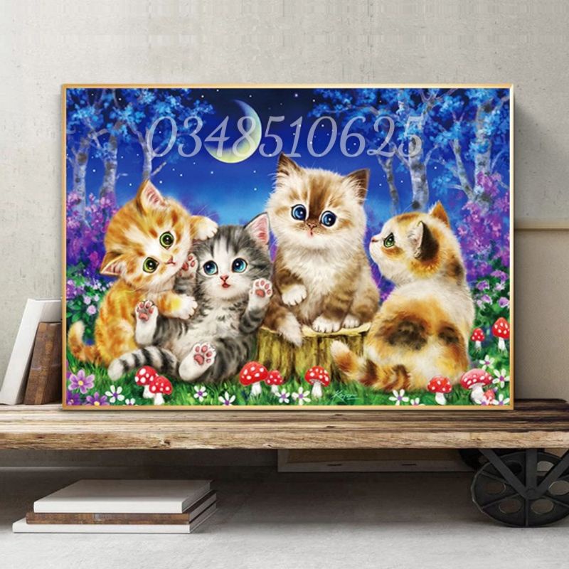 TRANH THÊU KÍN GIA ĐÌNH MÈO- CON MÈO 65X75CM
