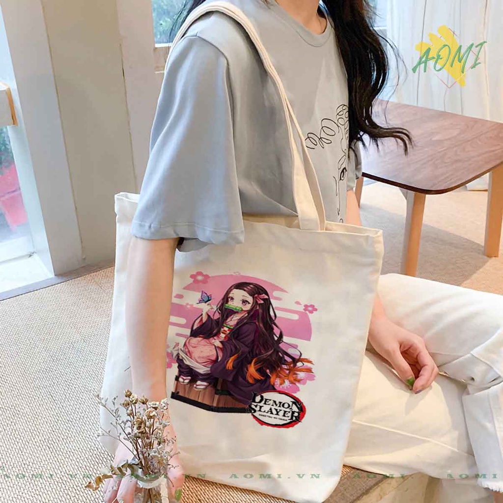 TOTE CANVAS Demon Slayer Kimetsu No Yaiba TÚI VẢI ĐEO VAI BAG CÓ KHÓA KÉO SIZE LỚN 33x38cm AOMIVN DU LỊCH DẠO PHỐ
