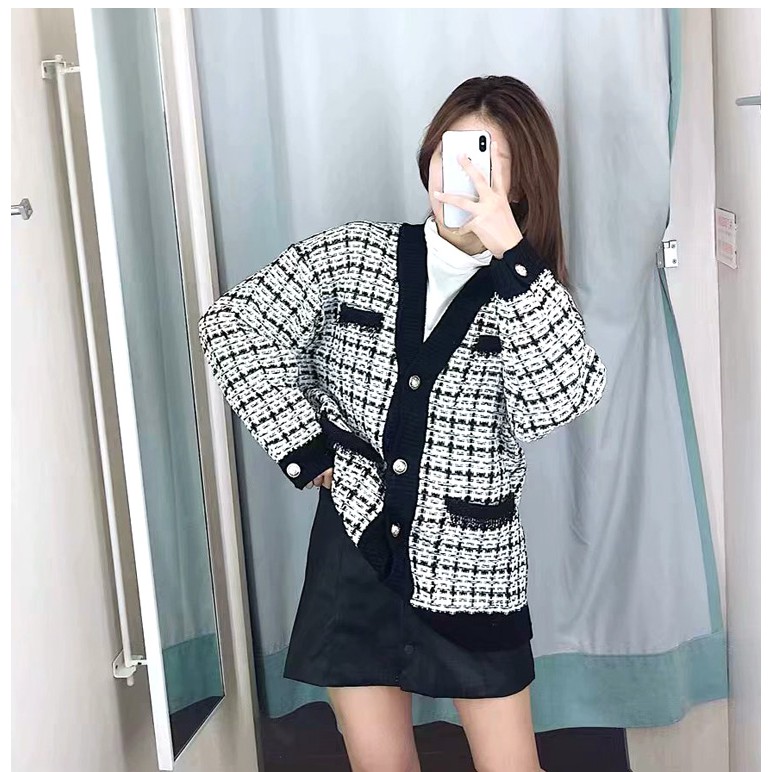 ÁO KHOÁC LEN CARDIGAN ZARA XUẤT DƯ TUỒN NỮ KẺ ĐEN TRẮNG - 8146/118