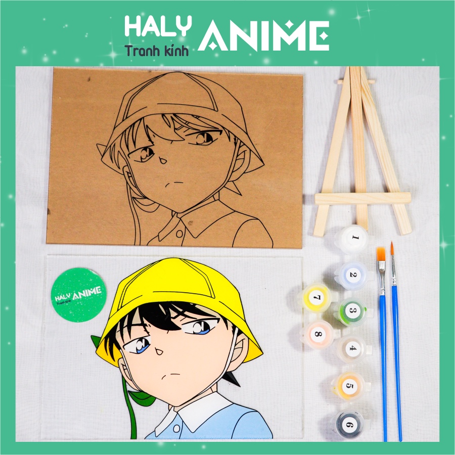 Tranh kính anime Conan, theo yêu cầu, glass painting kit dễ thương, màu acrylic 3D khó phai.