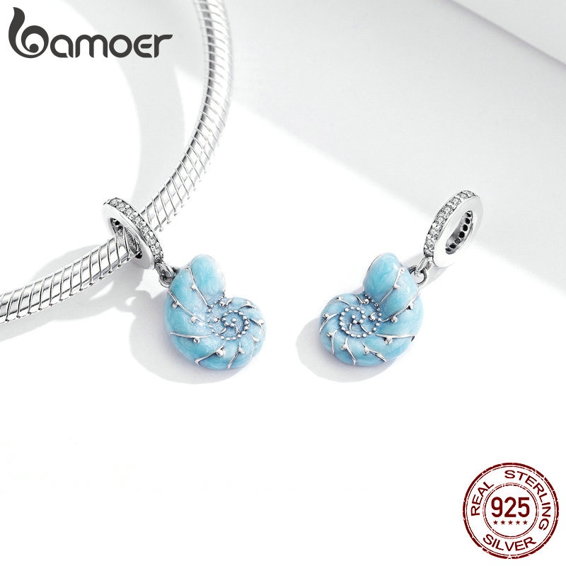 Mặt trang sức Bamoer SCC1560 bằng bạc 925 hình ốc xà cừ màu xanh dương dùng làm vòng tay dễ thương cho nữ