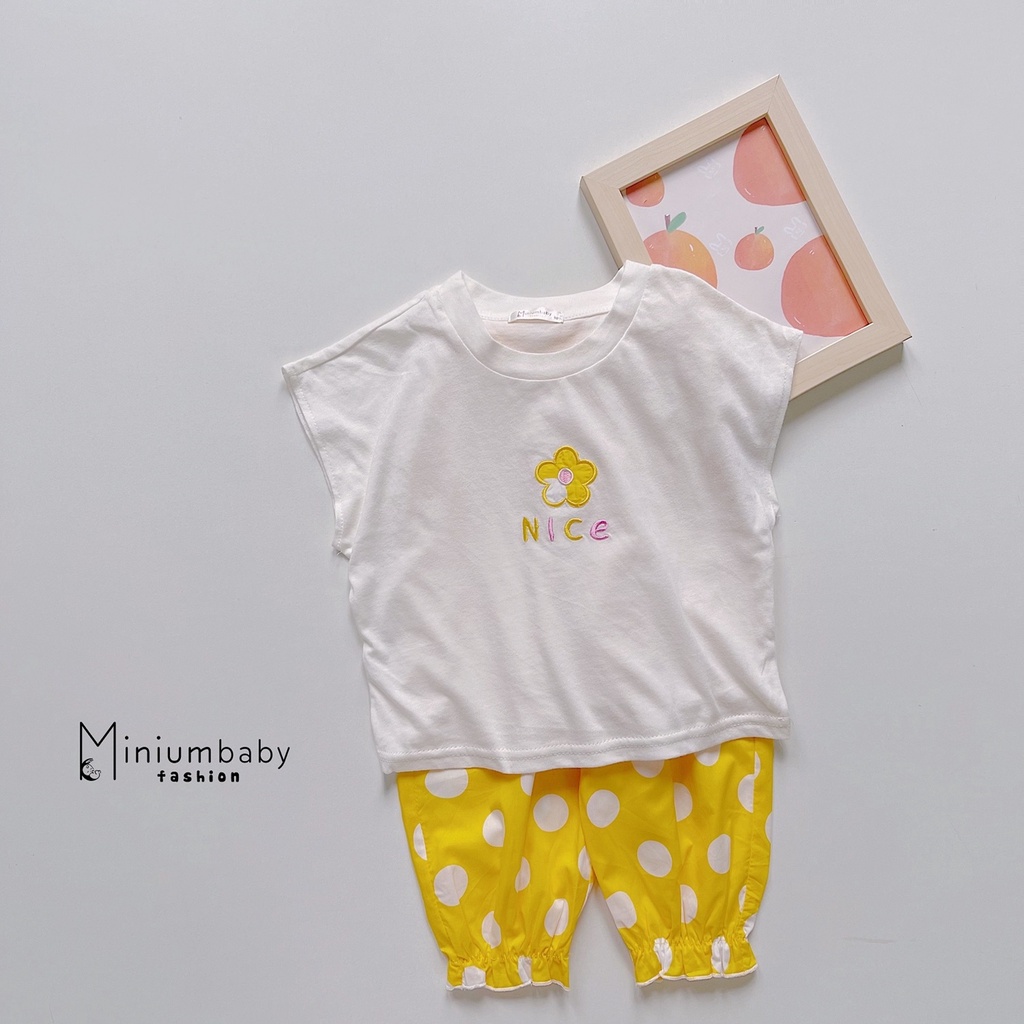 Bộ vai dơi thêu hoa kết hợp với quần họa tiết chấm bi chất liệu cotton mềm mát cho bé trai, bé gái Minium-SB1169