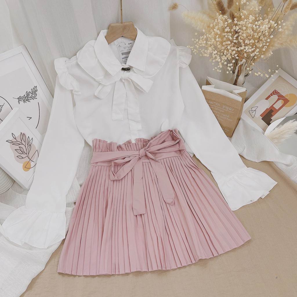 SET SƠMI TRẮNG BÈO VÁY DẬP LY HỒNG có thể diện riêng chất voạn lụa cực đẹp Tanii Clothing