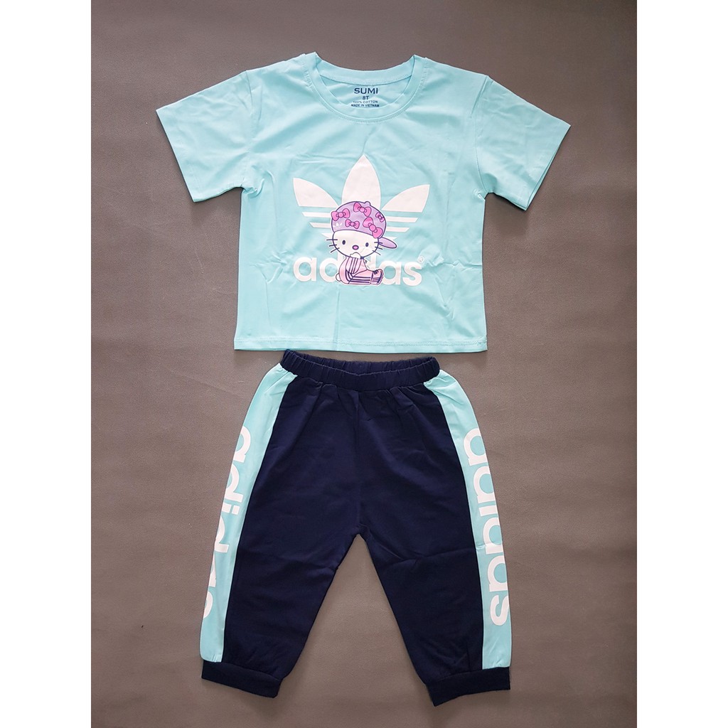 Bộ áo thun croptop quần dài thể thao in kittty bé gái