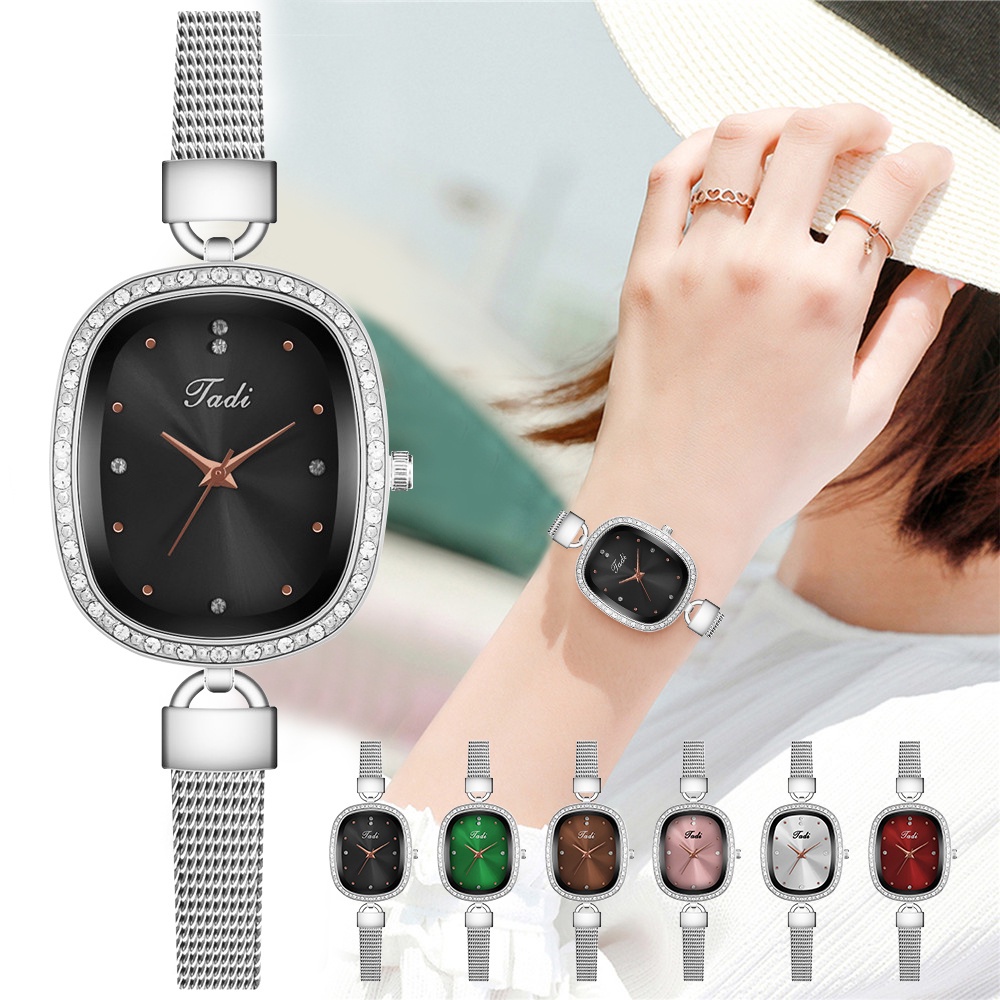 Đồng hồ quartz analog đính đá phối dây bạc thời trang cho nữ