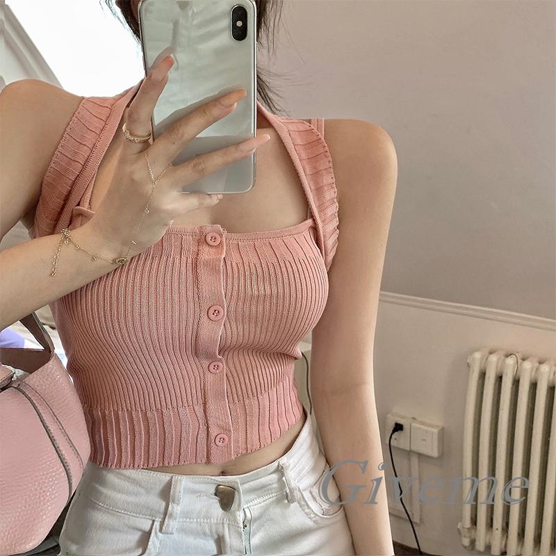 Áo Croptop Hai Dây Dệt Kim Màu Trơn Ôm Dáng Phối Nút Thời Trang Cho Nữ