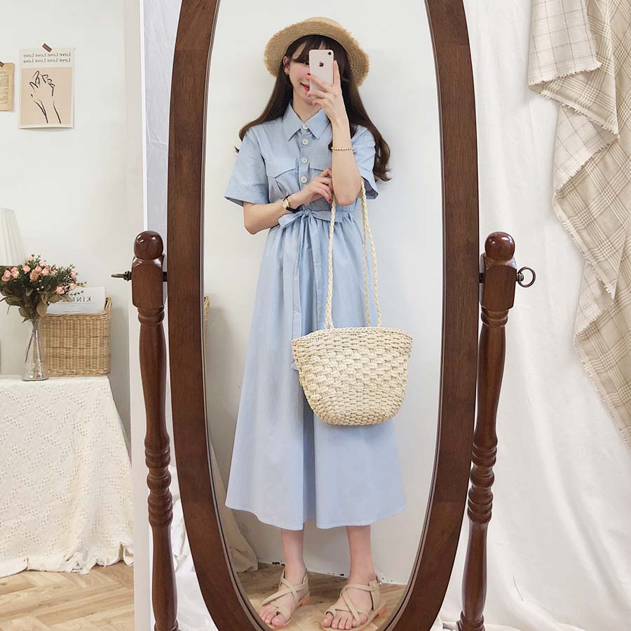 Đầm midi ngắn tay kẻ sọc cổ cao thanh lịch nữ tính 36241