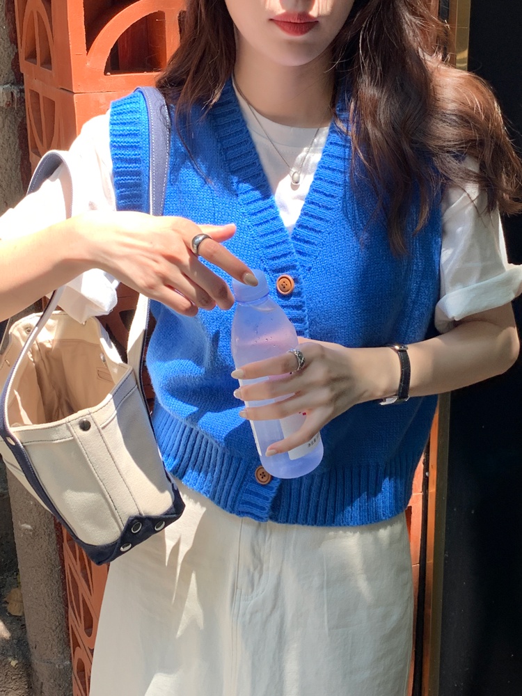 Áo Vest Dệt Kim Một Hàng Nút Cài Một Hàng Khuy Cổ Chữ V Màu Trơn Phong Cách Preppy Thời Trang Mùa Thu Mới 54913
