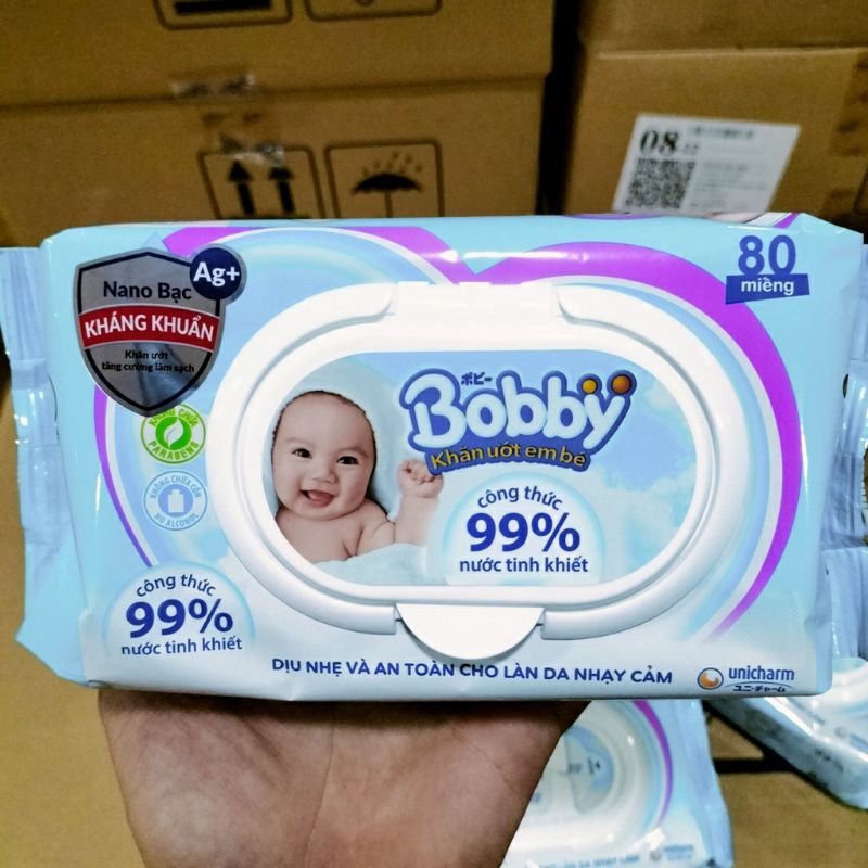 🏰HCM 🏰 Combo 10 gói khăn giấy ướt Bobby không mùi 80 tờ có nắp nhựa hàng tách khuyến mãi có dính băng keo