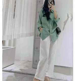 Set áo sơ mi phối quần suông đũi có size kèm ảnh thật