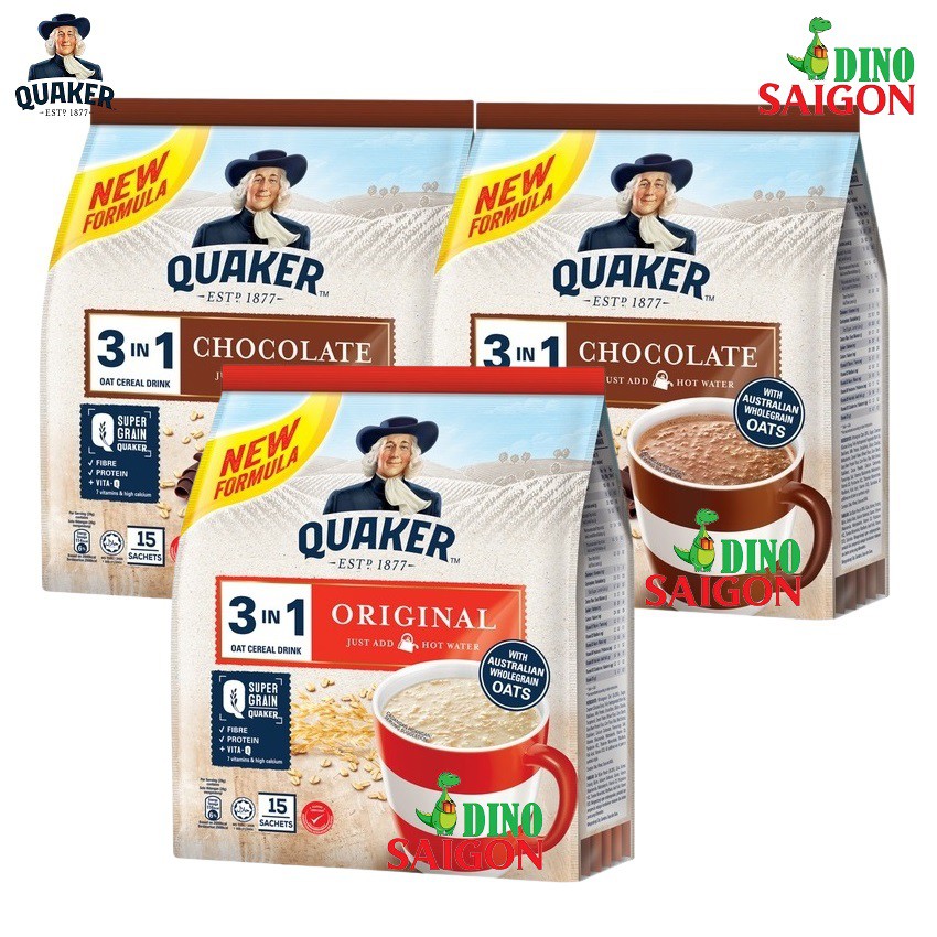 Bộ 3 gói Thức Uống Ngũ Cốc Yến Mạch Quaker 3in1 gồm 2 Vị Chocolate 420g và 1 Truyền Thống 420g
