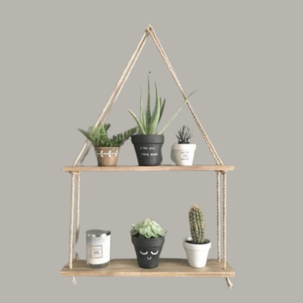 Kệ gỗ trang trí dây thừng treo tường phòng khách ban công 1 thanh