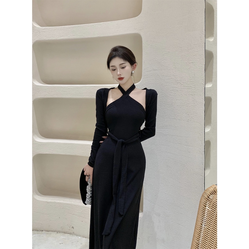 Set đồ COZOKC gồm đầm và áo khoác cardigan dáng ngắn phong cách cổ điển