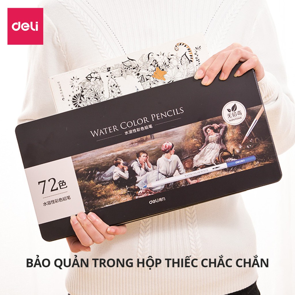 Bút chì màu nước gỗ trầm cao cấp Deli hộp thiếc kèm cọ tán. Bộ 24/36/48/72 màu  6521 / 6522 / 6523 / 6524