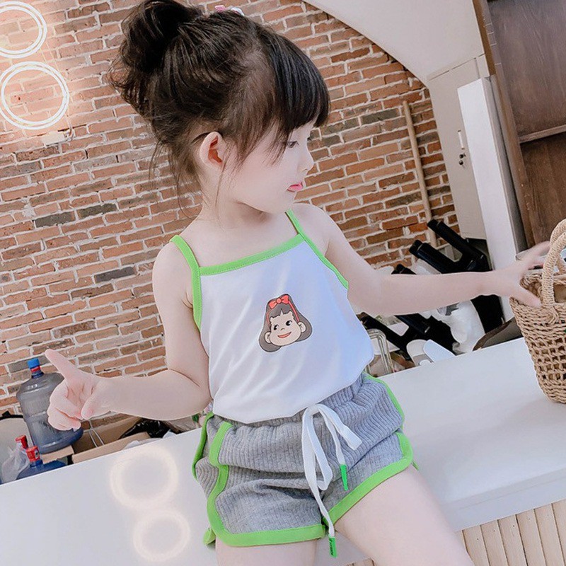 Set áo hai dây in họa tiết hoạt hình và quần đùi phong cách Hàn Quốc thời trang mùa hè dành cho bé gái