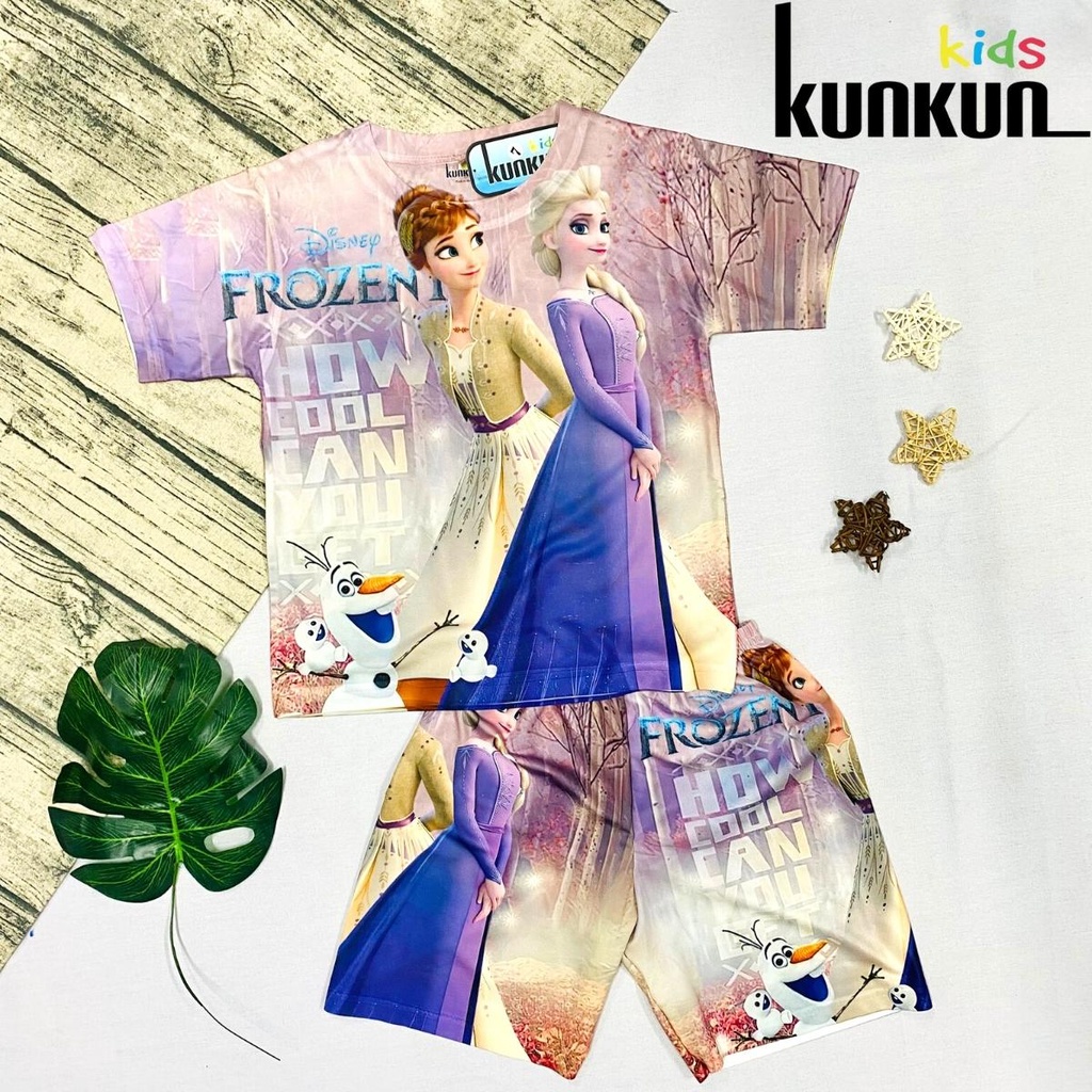 Quần áo trẻ em KUNKUN TP825 in 3d hình elsa size đại từ 10-60kg chất thun lạnh cho bé gái