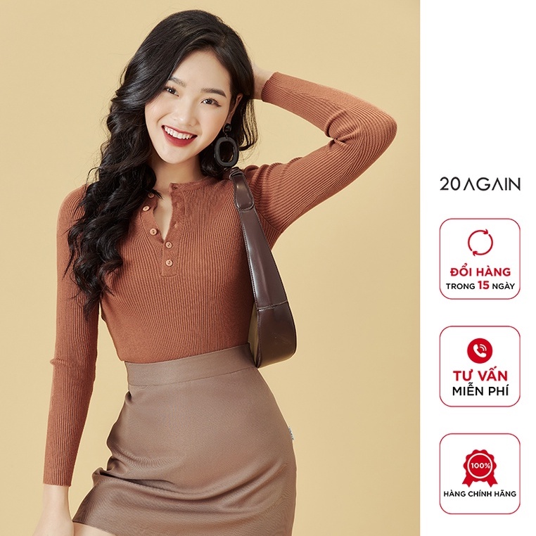 Áo len nữ ôm boby dài tay 20AGAIN, cổ tròn cúc cài, co giãn ALA0060