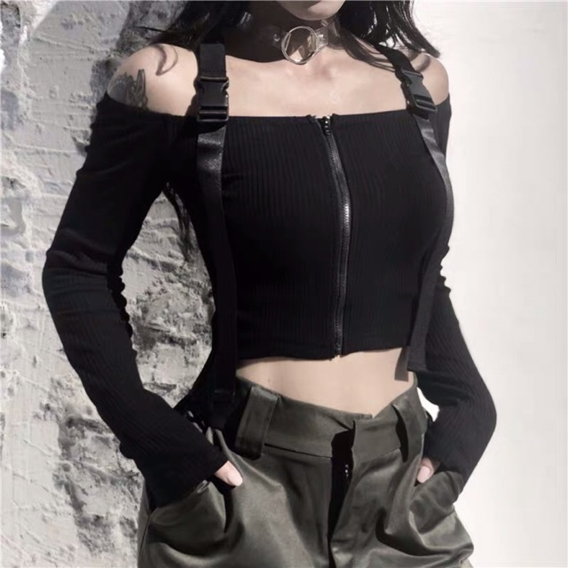(Sẵn)🔥Áo croptop fit body Lisa Blackpink chất len tăm nữ có quai vai cá tính thời trang - 4 ảnh thật cuối