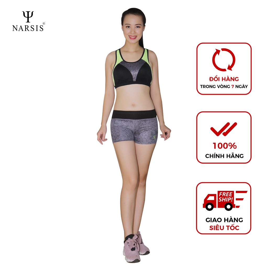 Bộ tập nữ H7004 Narsis tập gym thiết kế 2 mảnh màu ghi đen phối xanh vàng