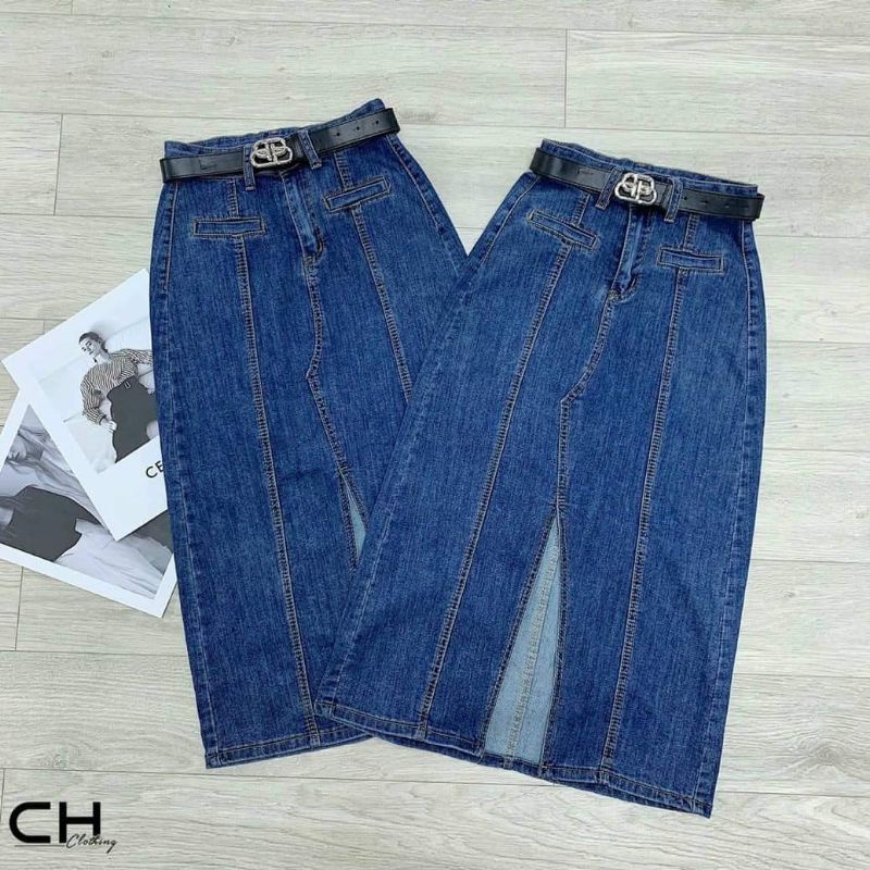 Chân váy jeans dài xẻ kèm đai chữ B hàng QCL1
