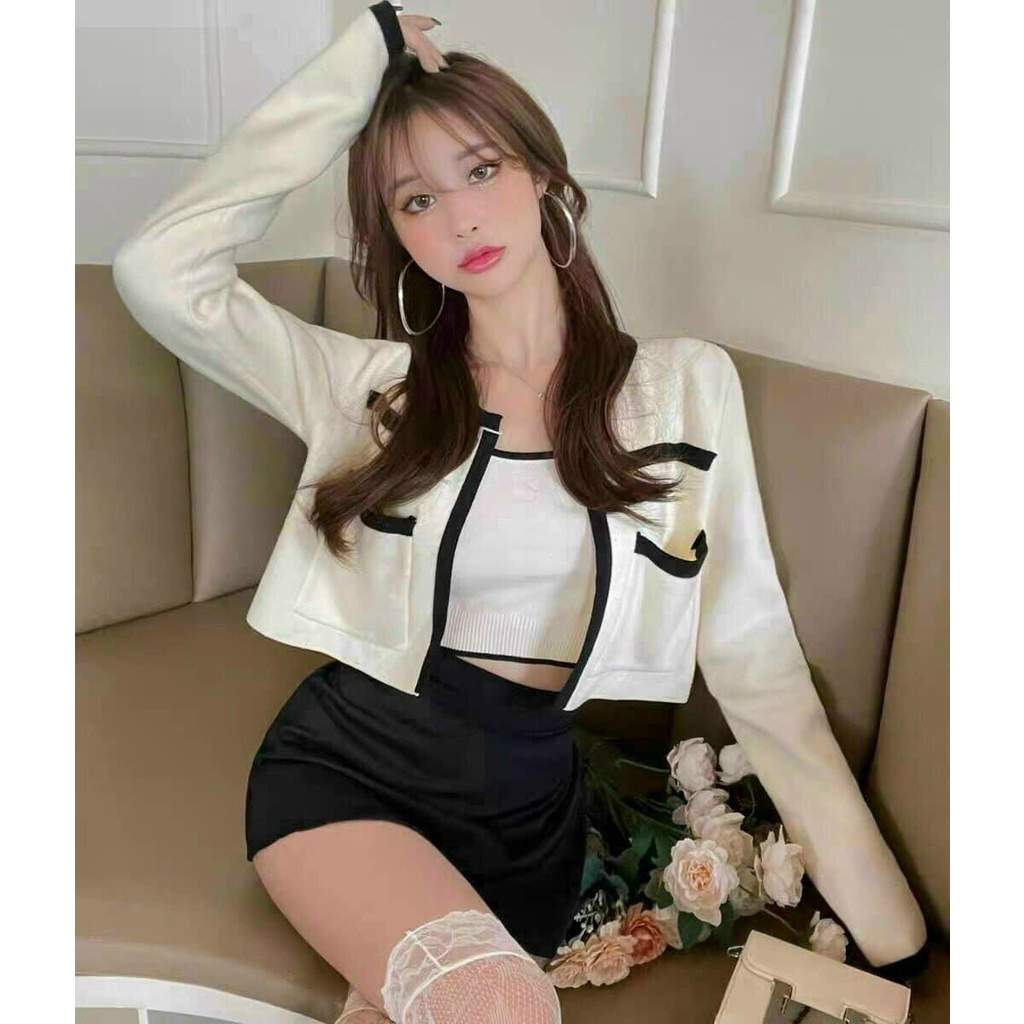 set áo thun gân tay dài kèm áo ống kiểu viền màu túi u