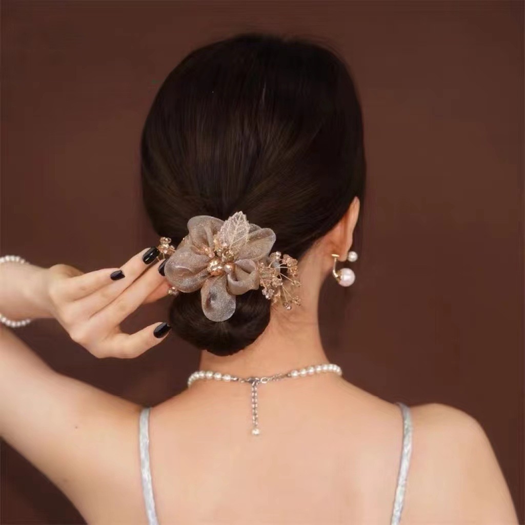 Dây Cột Tóc Đính Hoa Vải Màu Champagne Phong Cách Hàn Quốc Thời Trang Mùa Hè Cho Nữ