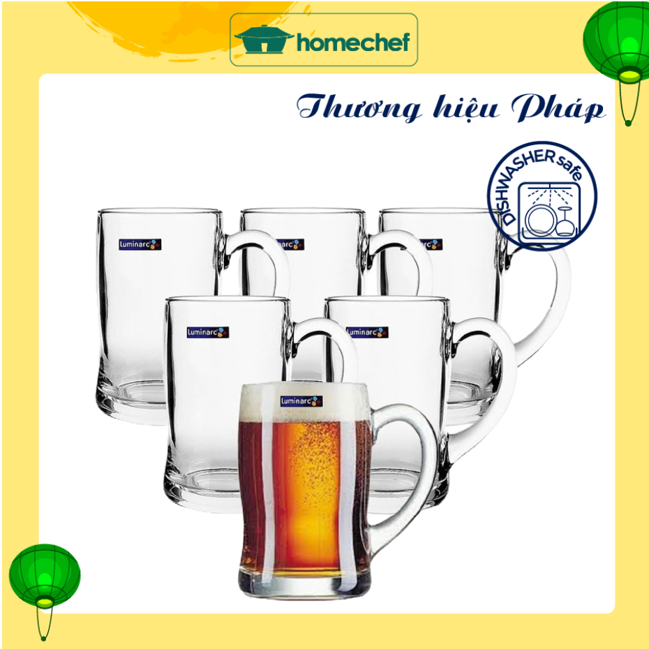 Bộ cốc (ly) bia Luminarc Benidorm 6 chiếc có quai 450ml, cường lực tốt, dày dặn - G2616*6/15710*6