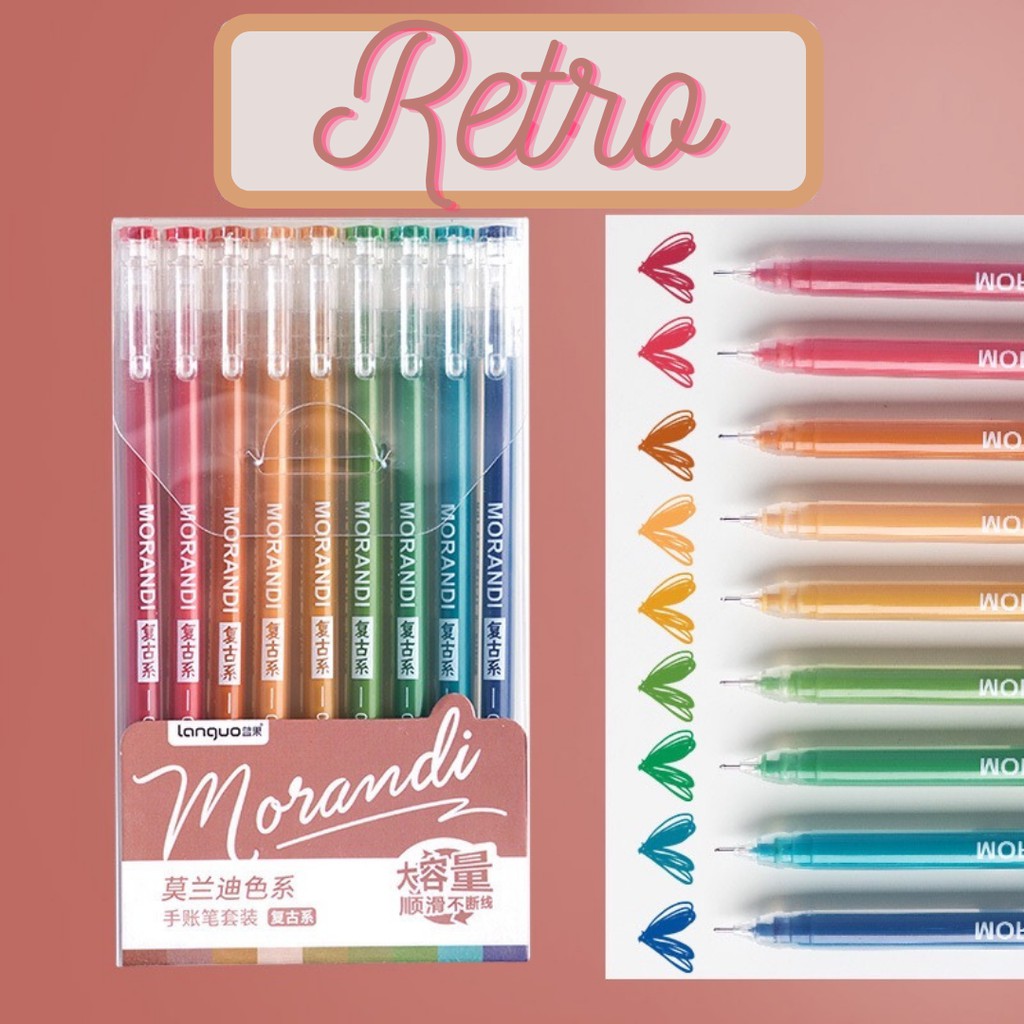 Set 9 bút gel Morandi nhiều màu mực ngòi 0.5mm take notes bài vở xinh xắn