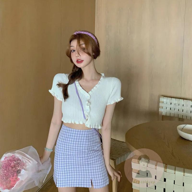 Áo Thun Dệt Kim Ngắn Mỏng Trang Trí Nút Áo Màu Trơn Cho Nữ