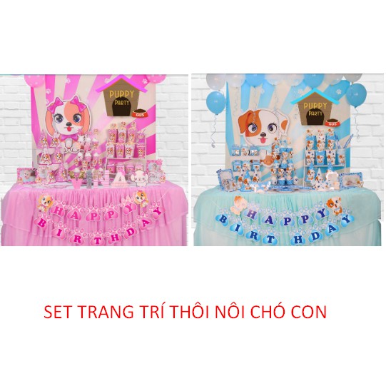 set giấy trang trí bàn sinh nhật thôi nôi bé HEO CON- chó con xanh/ hồng