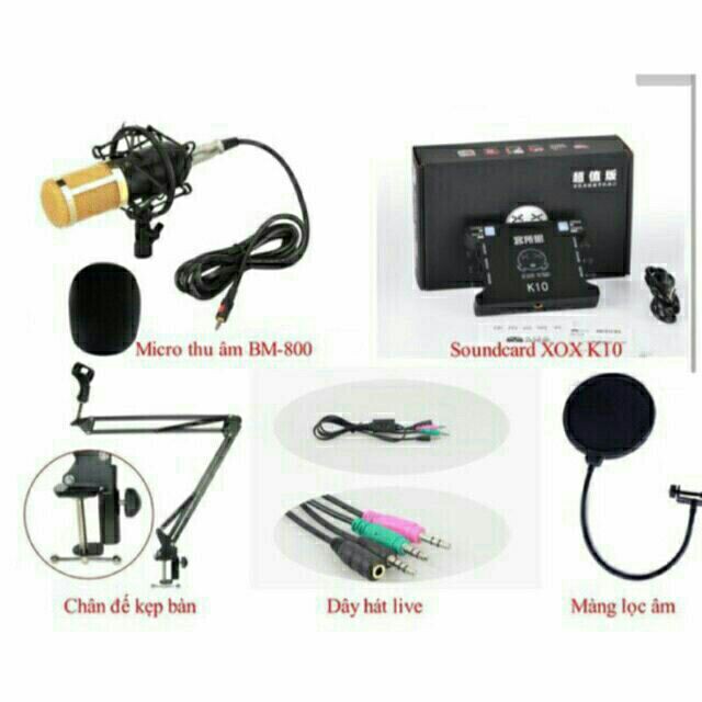 COMBO MICRO THU ÂM BM800 ,SOUND CARD XOX K10, MÀNG LỌC, DÂY LIVE MA2 VÀ GIÁ