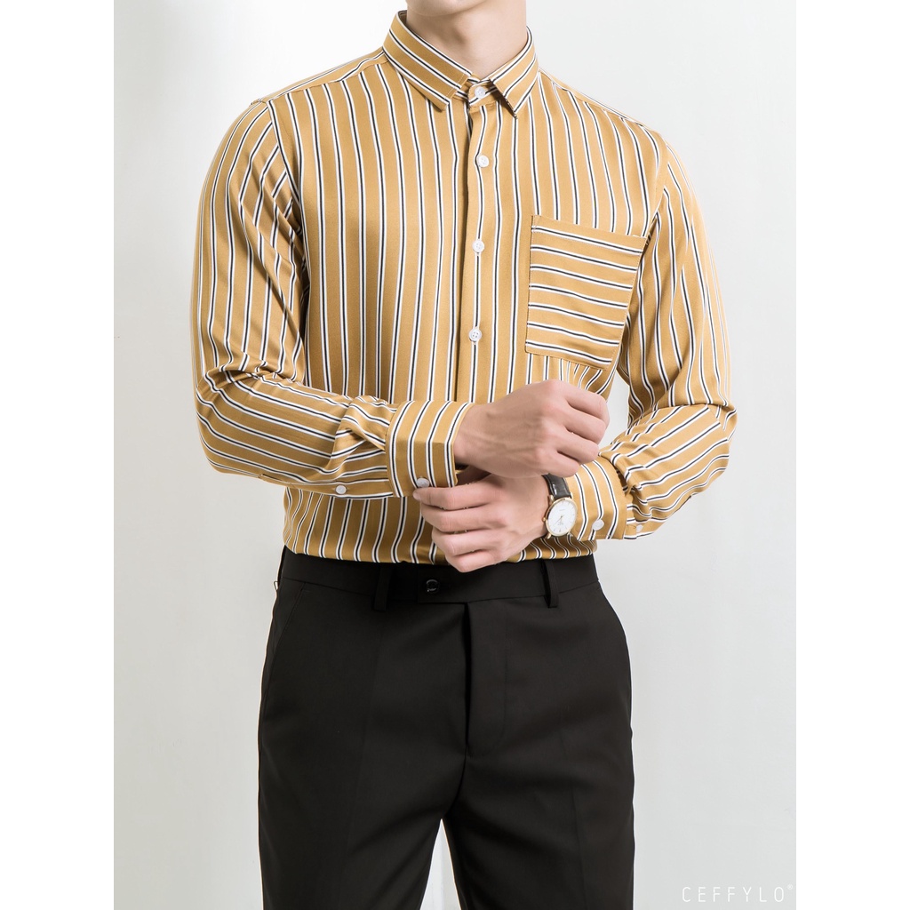 Áo Sơ Mi Nam Dài Tay Nam CEFFYLO Màu Vàng Chanh Kẻ Sọc Phối Túi Ở Ngực Chất Cotton Chuẩn Style
