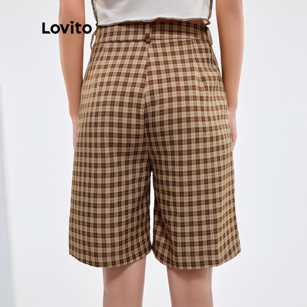 Quần short Lovito Bermuda kẻ caro phong cách thường ngày L25AD052 (màu kaki)