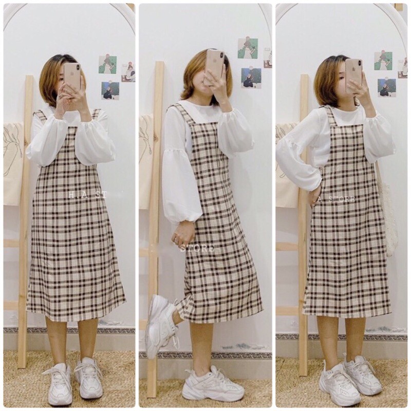 [Mã FADI5K245 giảm 5K đơn 0đ] Set váy yếm kẻ caro tặng kèm áo tay bồng Ulzzang, Set váy vintage kèm áo tay bo siêu xinh | BigBuy360 - bigbuy360.vn