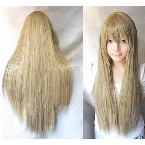 Tóc Giả Thẳng Dài 80CM Bằng Sợi Tổng Hợp Màu Hồng / Vàng Lá Kháng Nhiệt Dùng Hóa Trang