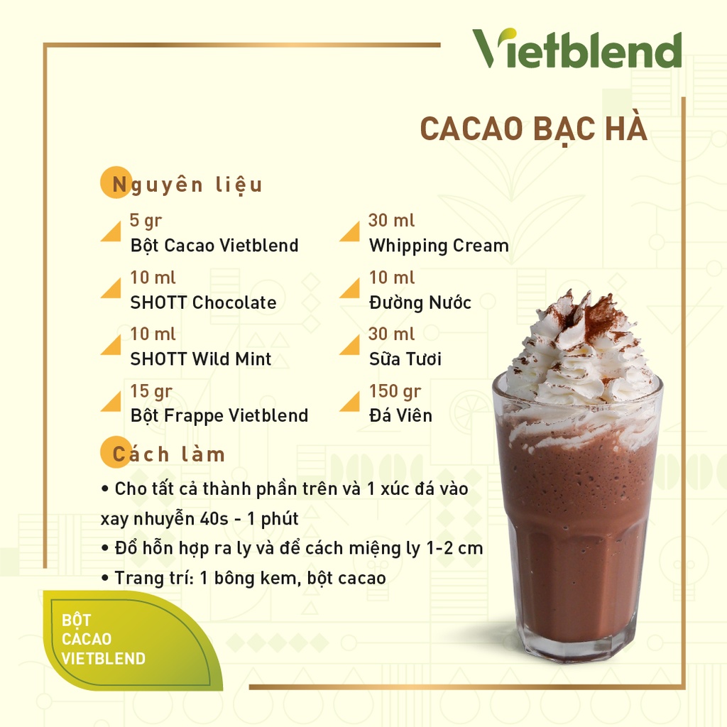 Bột Ca Cao nguyên chất VIETBLEND - Dùng pha chế đồ uống, Cacao nóng, đá xay, kem | túi 500g