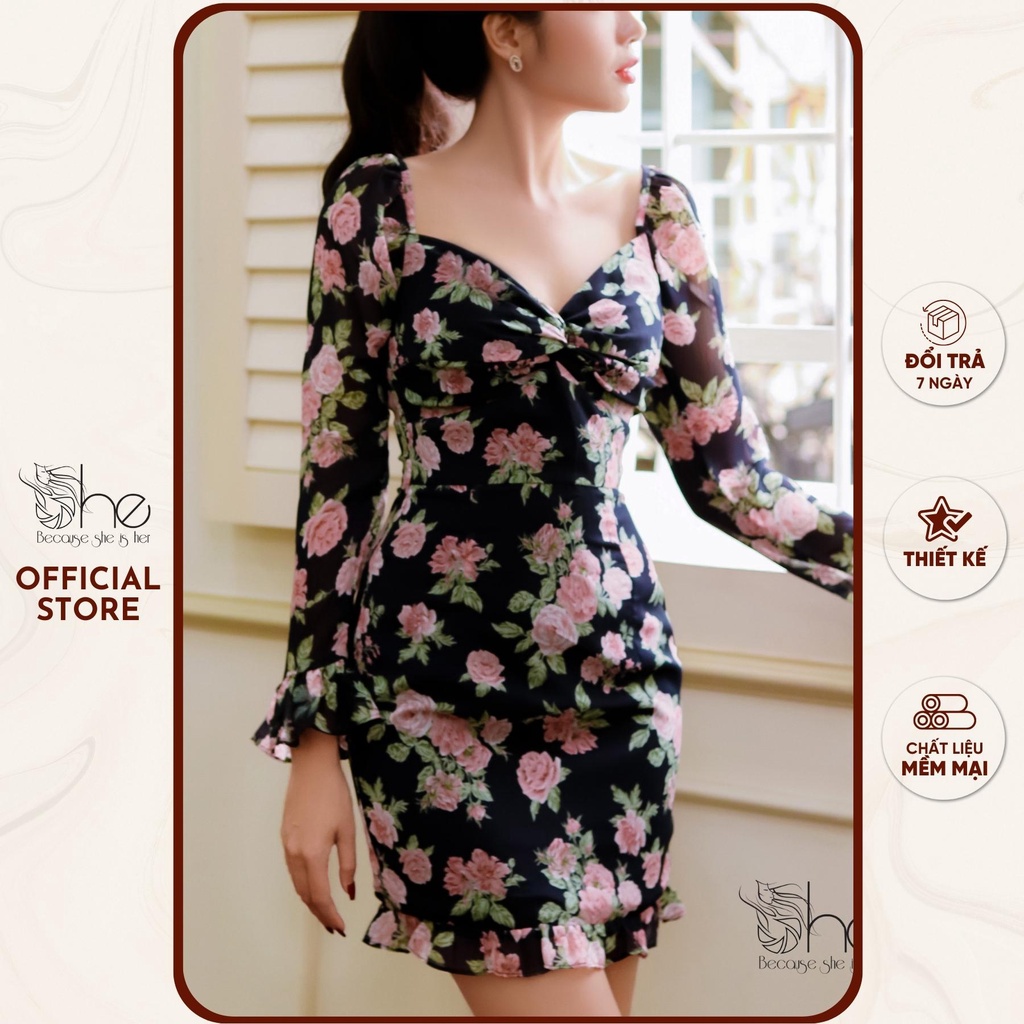 Đầm body hoa tay dài She,đầm ôm body cổ xoắn ôm dáng sexy thời trang nữ SDX147