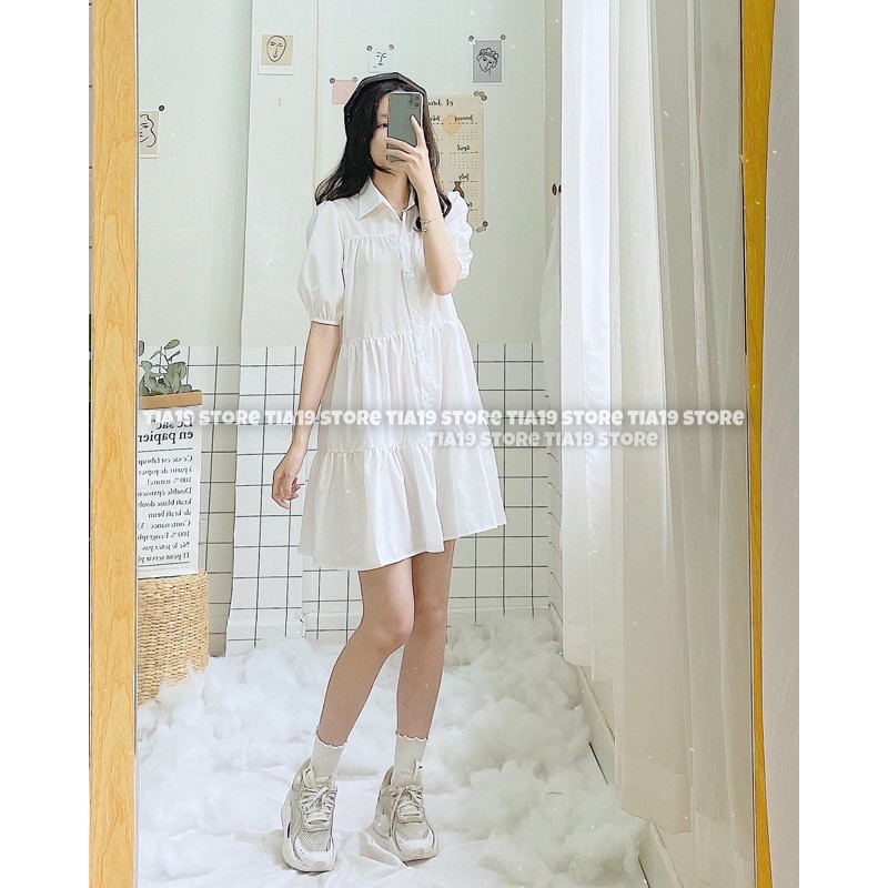 Váy trắng babydoll cổ sơmi tầng Tia19. Đầm dáng xoè form rộng ulzzang ( Ảnh thật) | BigBuy360 - bigbuy360.vn