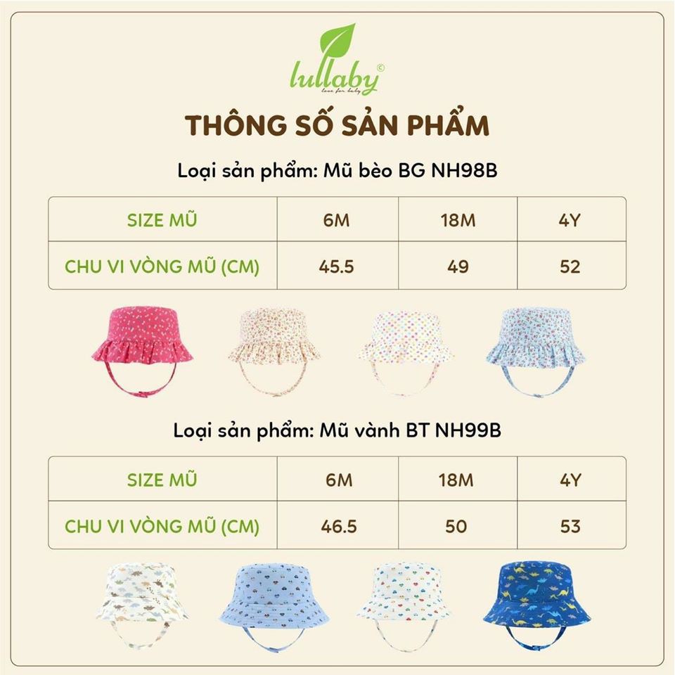 [CHÍNH HÃNG] Mũ cotton cao cấp họa tiết trẻ em Lullaby