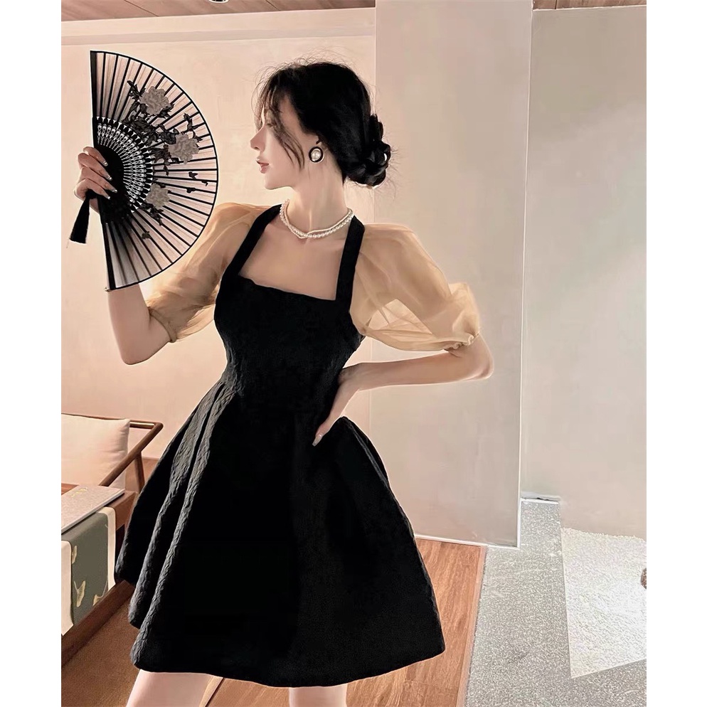 Đầm xốp nữ tay bồng tơ Quảng Châu thiết cổ vuông dáng xòe siêu xinh, Váy dự tiệc nữ sang trọng thanh lịch