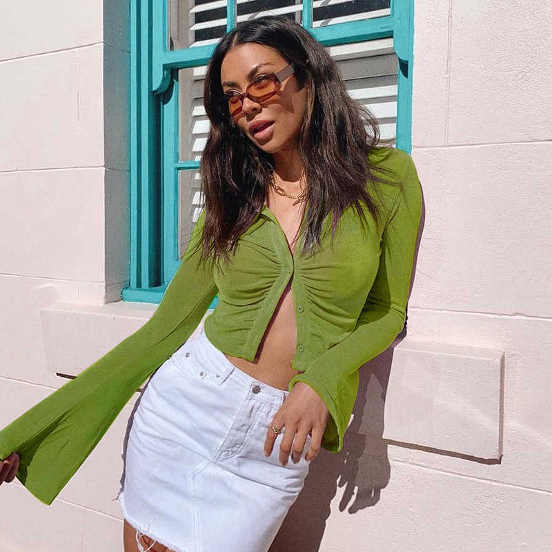 Áo sơ mi croptop tay loe xếp ly, Áo sơ mi kiểu (Xanh bơ - Tím - Đen)