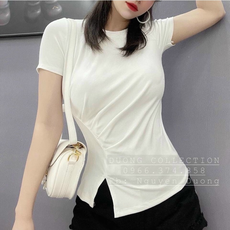 Áo thun kiểu lệch vạt xẻ trước, Áo kiểu dáng ôm ngắn tay co giãn AT5508 - NhiNhi Shop