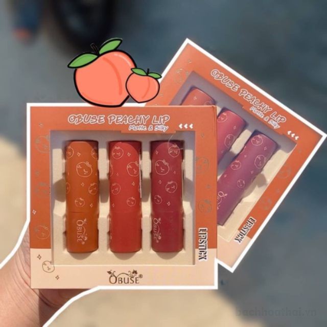 Bộ 3 Soņ sáp lì Obuse Peachy Lip Matte &amp; Silky Thái Lan