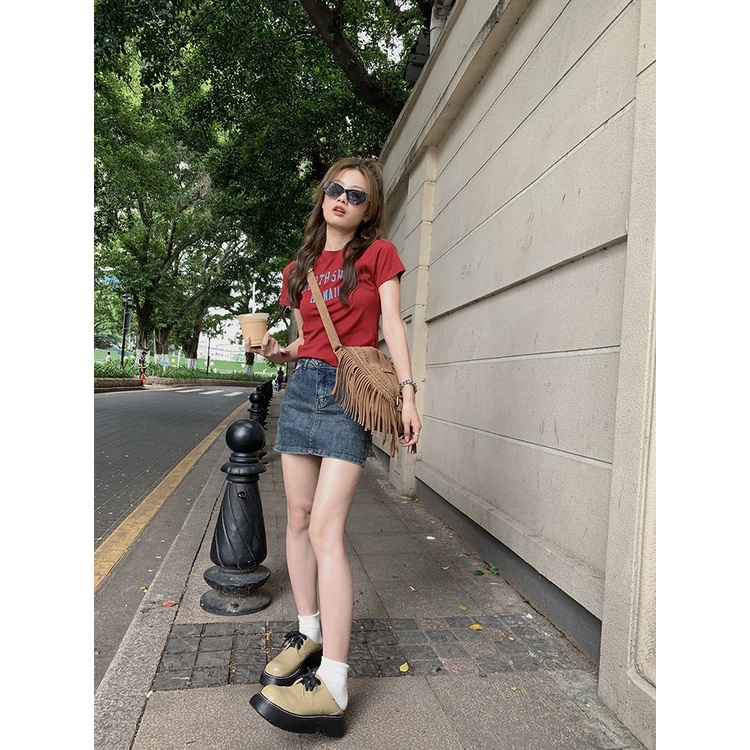 Áo Thun Ngắn Tay Cổ Tròn In Chữ Phong Cách retro Mỹ Cho Nữ